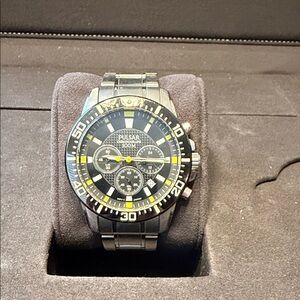 Pulsar Silver and Black Chrono Watch with Yellow Highlights
